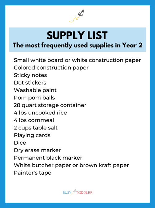 Supply List: The most frequently used supplies in Year 2 - small white board, colored construction paper, sticky notes, dot stickers, washable paint, pom pom balls, 28 quart storage container, 4 lbs rice, 4 lbs cornmeal, 2 cups table salt, playing cards, dice, dry erase marker, permanent black marker, white butcher paper, painter's tape