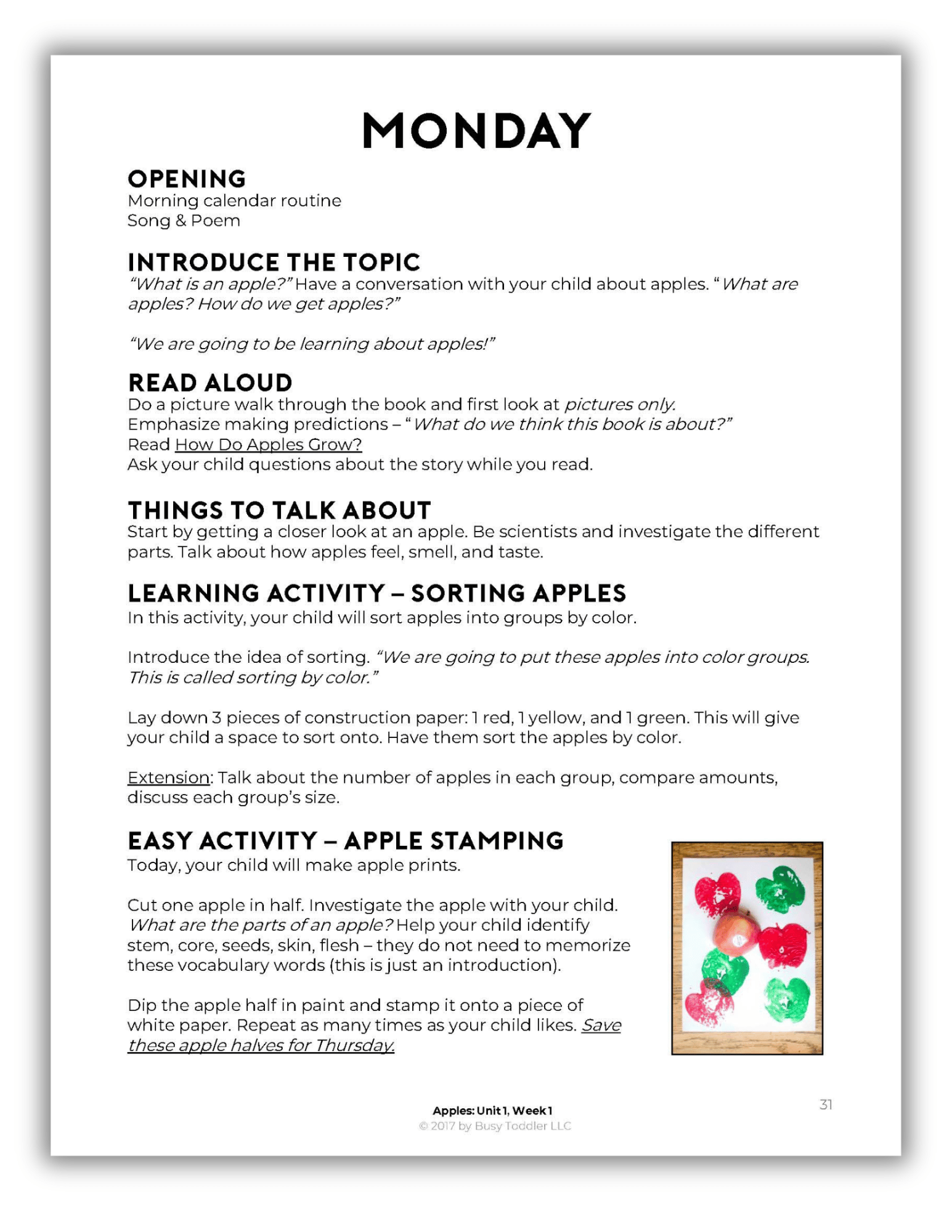 Sample spread of Playing Preschool Year 1 Monday Lesson Plan